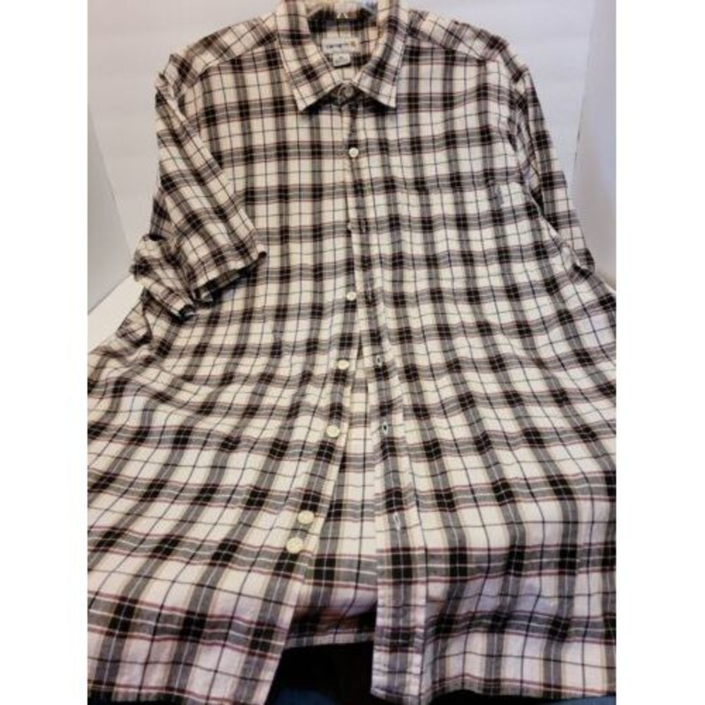 Carhartt Mens Shirt XL Black/Brown Plaid Relaxed Fit Button Down Short Sleeve